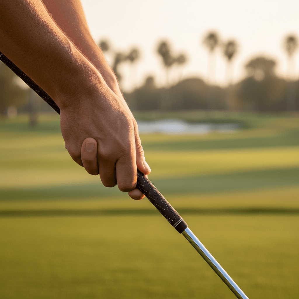 Golf instructor's hands demonstrating proper club grip technique with premium equipment in morning sunlight Golf instructor's hands demonstrating proper club grip technique with premium equipment in morning sunlight